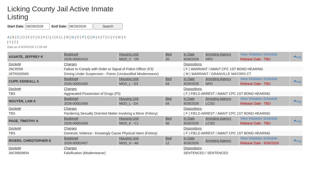 Licking County same-day Justice Center booking record search