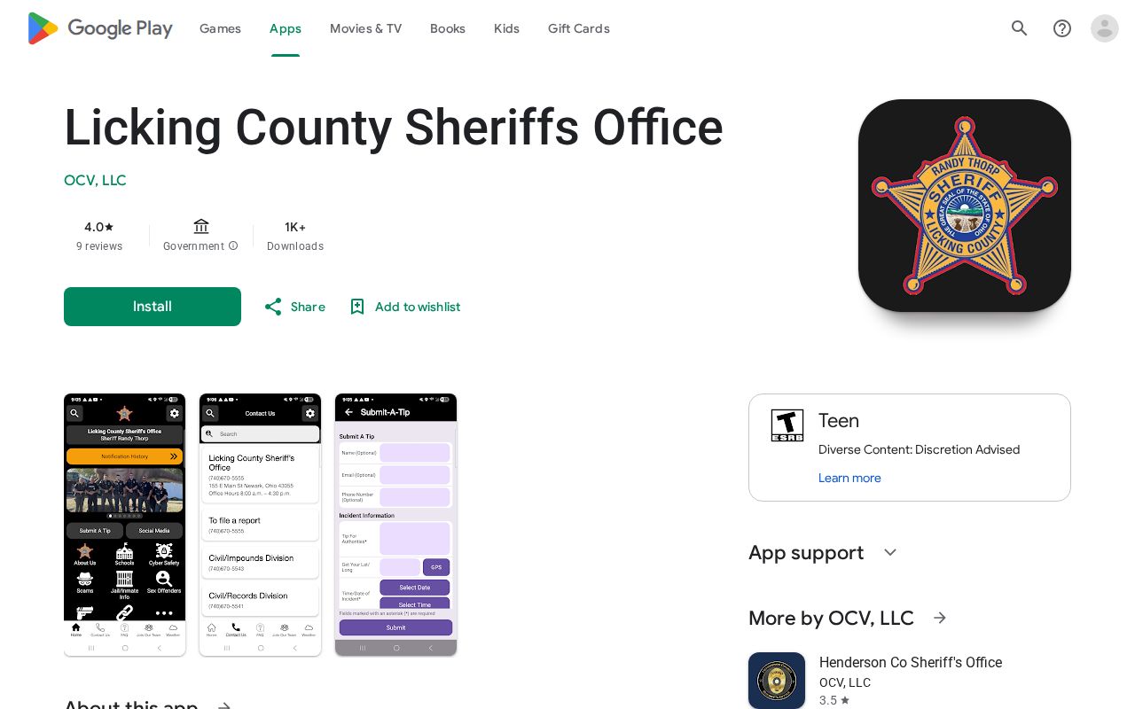 Google Play listing for the Licking County Sheriff’s Office app
